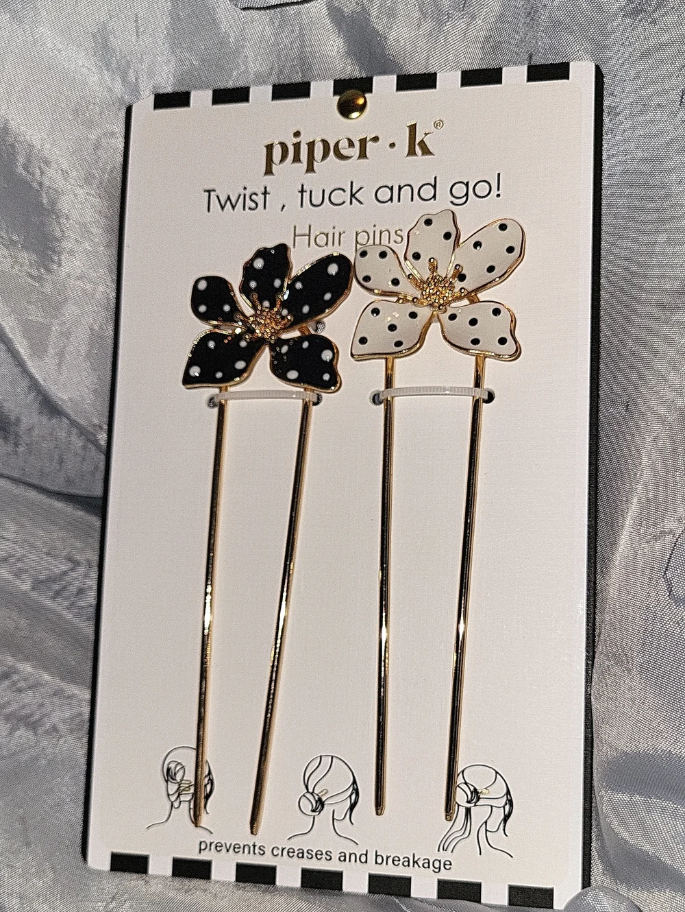 Piper K Polka Dot Flower Hair Pins in Black & White with Gold Stems